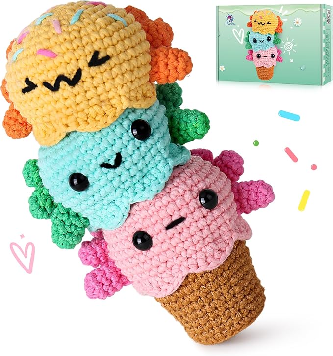 Crochetta Crochet Kit for Beginners, Crochet Starter Kit w Step-by-Step Video Tutorials, Beginner Crochet Kit for Adults Kids Women Men Complete Kit Included (Ice Cream Axolotls)