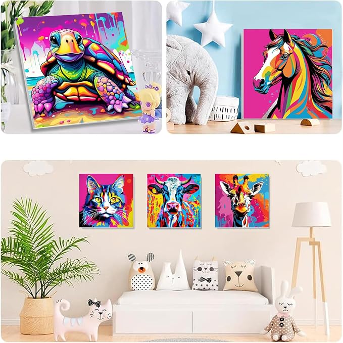 6 Pack Framed Paint by Numbers Kit for Kids, Horse Color By Number Painting Kits for Kids Ages 4-8-12, Cat Giraffe Paint by Numbers Canvas Children DIY Paints by Number Kits for Beginners 8x8Inch