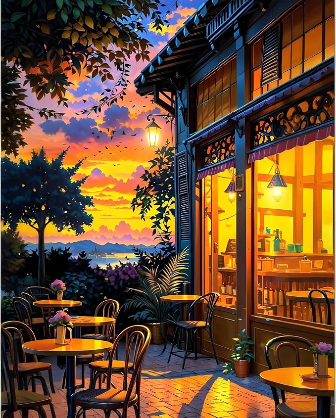 Paint by Numbers Kit for Adults, Sunset Café Number Painting Canvas Kit | DIY Acrylic Painting Set for Beginners, Stress Relief Relaxing Craft, Home Wall Decor, Holiday Gift for Adults, 16x20 Inch