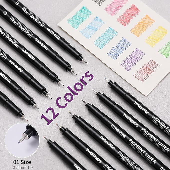 TWOHANDS Drawing Micro Art Pens, Set of 12, 0.25mm, Colors 01 | Fineliner Ink Pens, Technical Drawing Pen, Pigment Pen, Waterproof NO-bleed, For Art Watercolor Sketching Anime Manga，21281