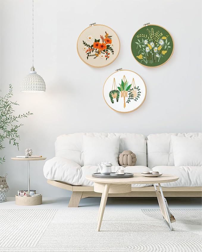 Santune 3 Sets Embroidery Kit for Beginners Needlepoint Cross Stitch Kits for Adults,Stitch Learning DIY Sets with Instruction Video,Stamped Floral Patterns,Hoop,Threads,Sewing Kit