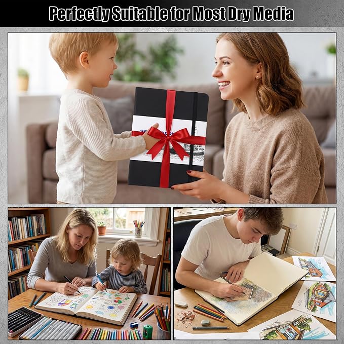 Hardcover Sketch Book 8.5 × 11 in, 180gsm, 80 Sheets, Black | Acid-Free Thick Paper, Marker And Pencil Friendly, Perforated Pages, Elastic Band, Back Pocket