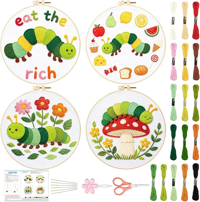 BEUNITONE 4 Set Embroidery Kits for Beginners with Easy Caterpillar Pattern, DIY Craft Kits Include Instructions and 2 Embroidery Hoops, Cross Stitch Needlepoint Kits for Craft Lover and Home Decor