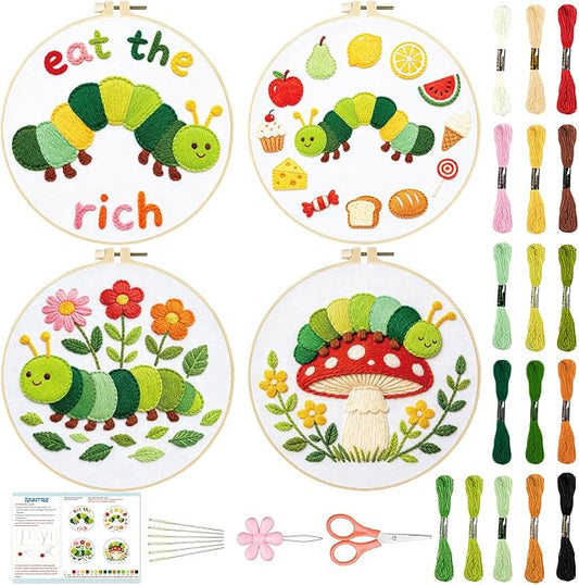 BEUNITONE 4 Set Embroidery Kits for Beginners with Easy Caterpillar Pattern, DIY Craft Kits Include Instructions and 2 Embroidery Hoops, Cross Stitch Needlepoint Kits for Craft Lover and Home Decor
