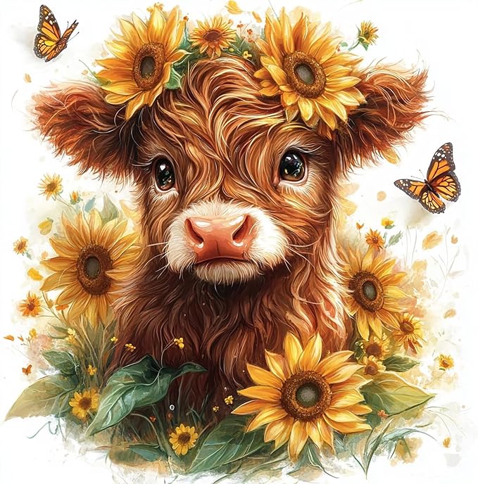 Diamond Art Kits for Adults, Highland Cow Sunflower Diamond Painting Kit