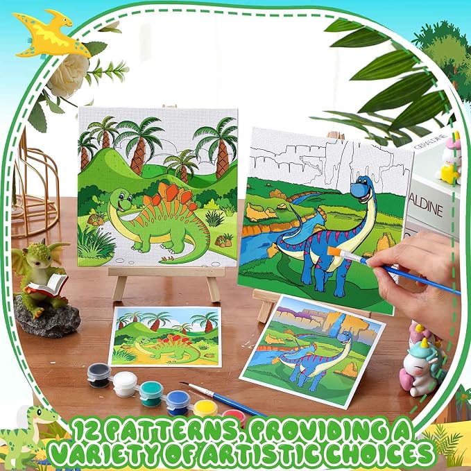 Tenceur 12 Sets Pre Drawn Canvas to Paint Adult Stretched Coloring Painting Canvas Panels with Design Easel and Brushes for Party Supplies Beginner Favor(Dinosaur)