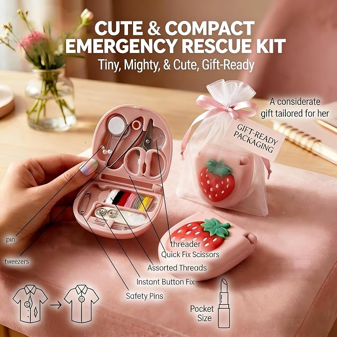 2 Pack Mini Travel Sewing Kit, Portable Emergency Sewing Box with Scissors, Needles, Threads, Compact Clothing Repair Set for Travel, Purse, Office, College Dorm (3D Strawberry Red)