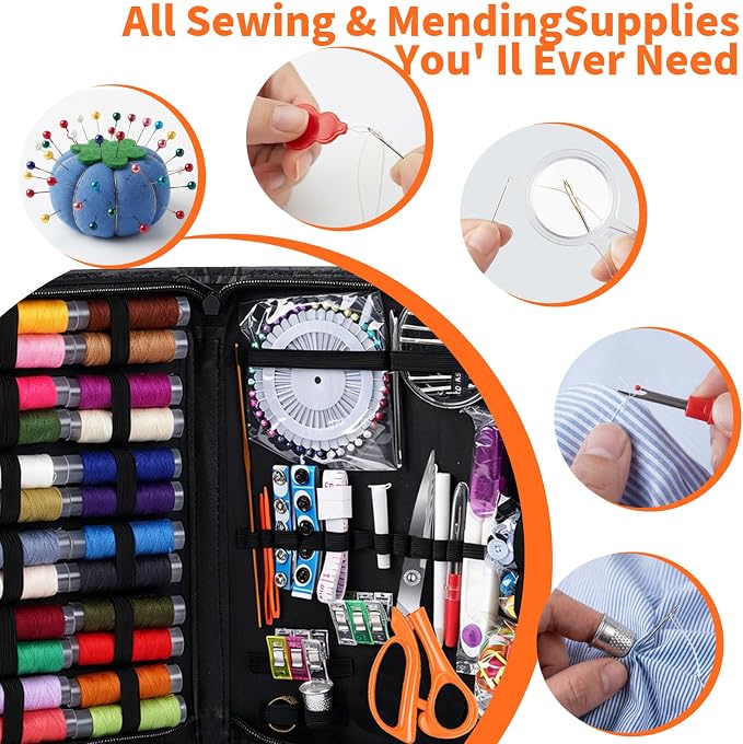 GABTRUK 304PCS Adult Sewing Kit, 43 Colors Thread & Ergonomic Scissors, Portable PU Leather Mending Supplies for Travel Home Beginners