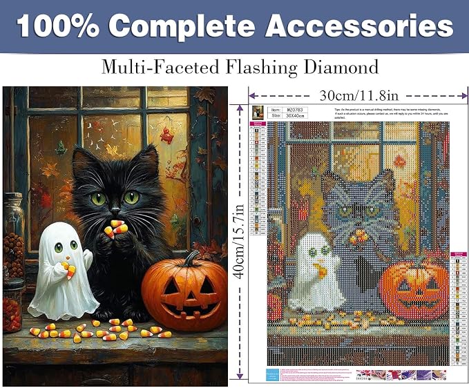 ijbnhd Halloween Diamond Art Kits for Adults, Black Cat 12x16inch