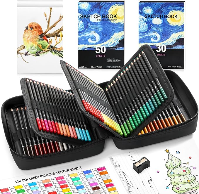 TMOL 120 Pack Colored Pencils for Adult Coloring Books, Soft Core Oil Based Color Pencils with Sketch Book, Color Book, Art Supplies with Zipper Case, Gifts for Adults, Artists, Professionals