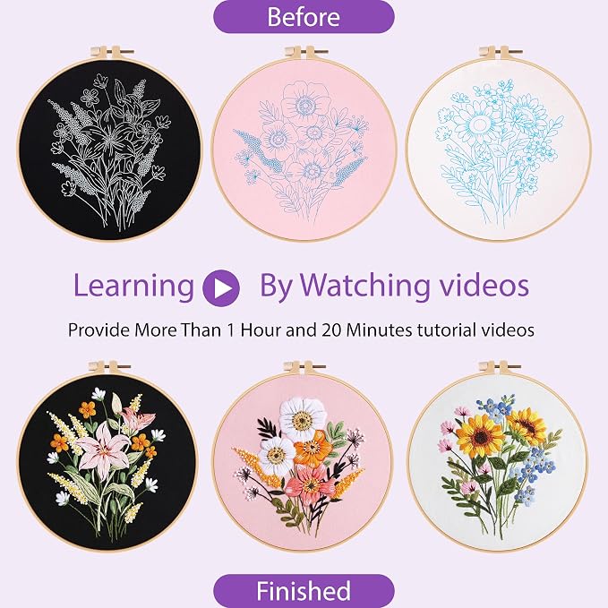 Uniartfy 3 Sets Embroidery Kit for Adults, Flower Pattern Embroidery Practice Kits for Beginners, Needlepoint Cross Stitch Kits Include Hoop, Colorful Threads, Tools, Easy to Learn Video & Instruction