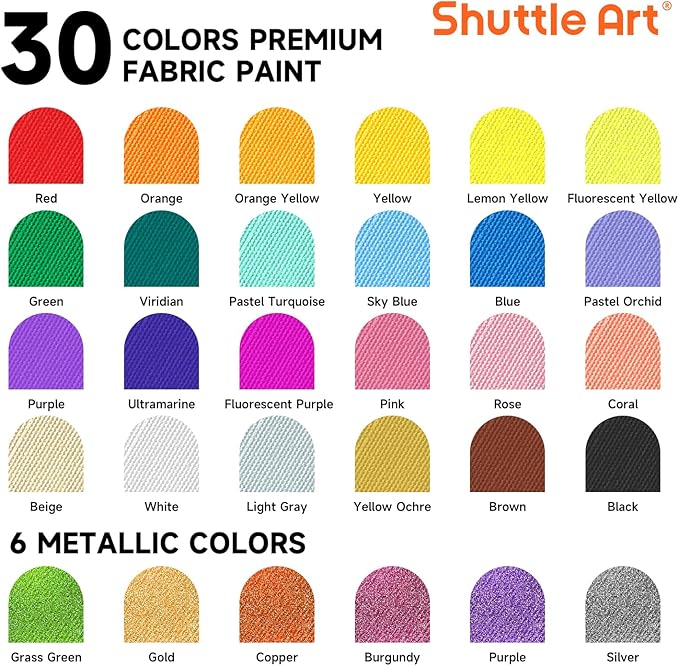 Fabric Paint, Shuttle Art 30 Colors Permanent Soft Fabric Paint in Bottles (60ml/2oz) with Brushes, Palette, Stencils, Non-Toxic Textile Paint for T-shirts, Shoes, Jeans, Bags, DIY Projects&Art Crafts