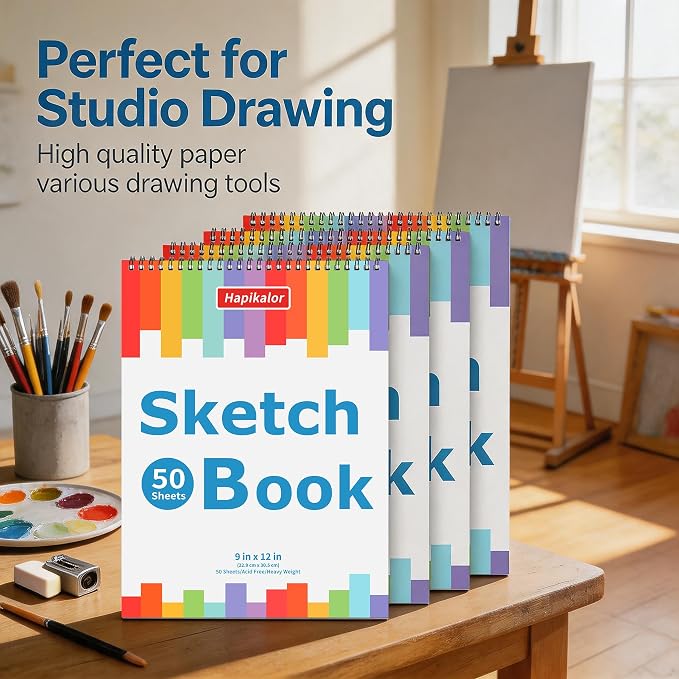 Hapikalor 9"x12" Sketch Book, 4-Pack 50 Sheets Spiral Bound Art Sketchbook