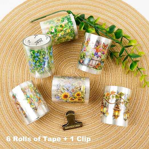 Deep Lane in Bloom PET Pre-Cut Floral Tape Set - 6 Rolls Transparent Garden Sticker Strips + 1 Clip for Scrapbook Journals Junk Journal Collage DIY Décor