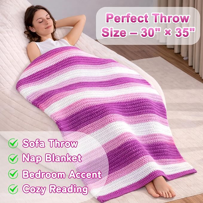 Reessy Crochet Blanket Kit for Beginners Adults – Gradient Purple Ombre Throw Blanket Kit with Soft Chenille Yarn, Hooks & Instructions – Handmade Crochet Starter Set for Adults