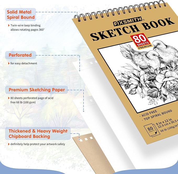 FIXSMITH 9"X12" Sketch Book, 100 Sheets, 68 lb/100gsm Sketchbook | Acid Free Drawing Paper | Top Bound Artist Sketch Pad | for Kids, Beginners, Artists & Professionals | Bright White