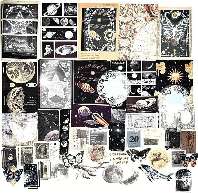 Esweny 100 PCS Vintage Ephemera Pack Journaling Scrapbooking Supplies Scrapbook Sticker Paper Kit for Junk Journal Planners Collage Craft Notebooks Decoupage Album (Space)