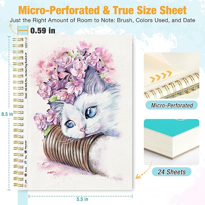 2-Pack Watercolor Paper Pad, 5.5" x8.5” (140lb/300g), Spiral Bound with Tear Line. A Watercolor Journal and Sketchbook for Adults & Kids - Ideal for Smaller Sized Exercises or Travel