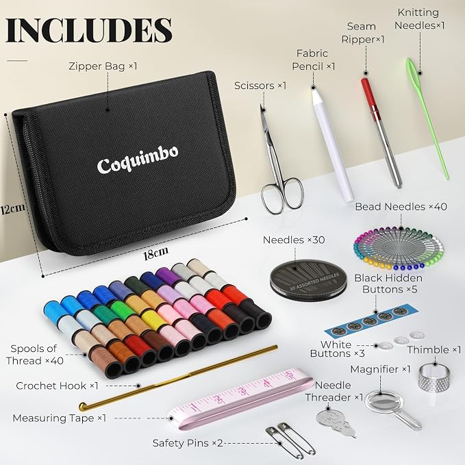 Coquimbo Sewing Kit Christmas Gifts for Grandma, Mom, Traveler, Adults, Beginner, Emergency, DIY Sewing Supplies Organizer Filled with Scissors, Thread, Sewing Needles, Tape Measure etc (Black, L) | Christmas Gifts for Grandma, Mom, Traveler, Needle an...