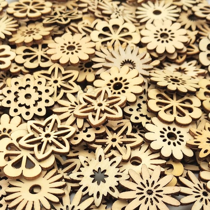 DIYOMR 200Pcs Unfinished Wood Pieces Hollow Wooden Art Decor, Vintage Embellishments Decorative Accessories for Scrapbooking Crafts DIY Home Decor (Flowers)