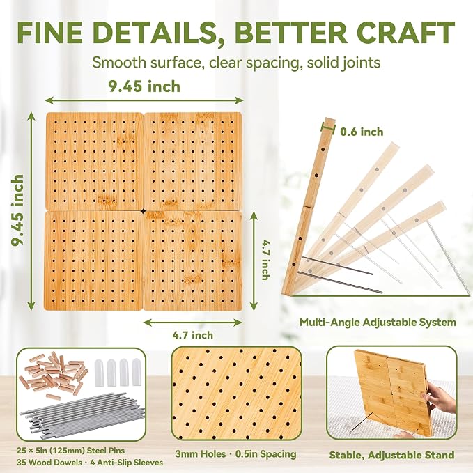 4-Pack 4.7" Assembled Crochet Blocking Boards for Granny Square with Pins | With 25 Steel Pins Pegs, Assembles into 9.4" Standable Blocking Board for Crocheting and Knitting,Gifts for Crocheter