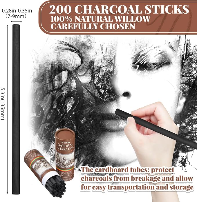 Gueevin 200 Pcs Soft Willow Charcoal Sticks Drawing,5-7mm | For Artists Beginners Students, Vine Charcoal Bulk for Sketching Shading Fine Art, Assorted Sizes, Back to School Gifts