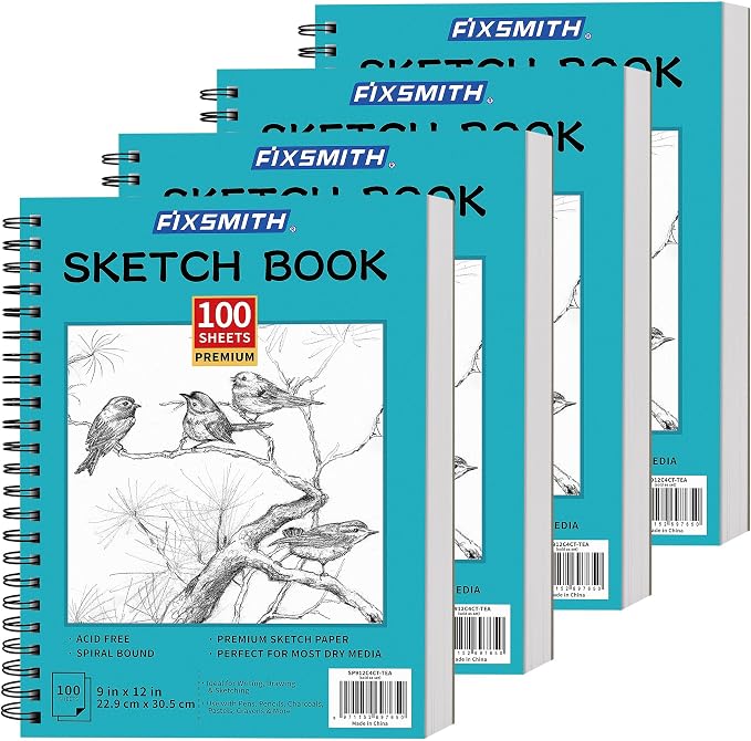 FIXSMITH 9"X12" Sketch Book, 100 Sheets, 68 lb/100gsm,4 Pack Teal | Acid Free Drawing Paper | Spiral Bound Artist Sketch Pad | for Kids, Beginners, Artists & Professionals | Bright White