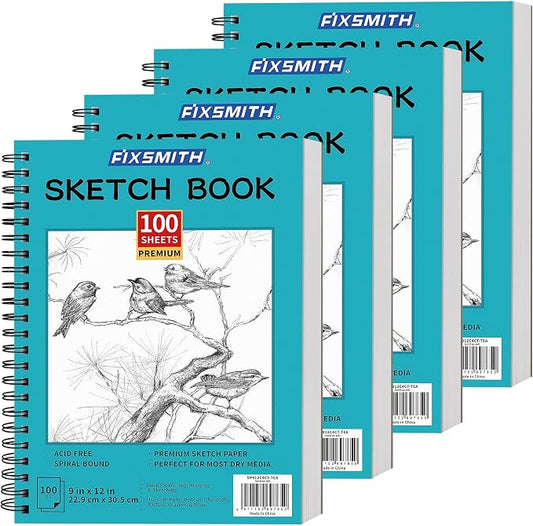 FIXSMITH 9"X12" Sketch Book, 100 Sheets, 68 lb/100gsm,4 Pack Teal | Acid Free Drawing Paper | Spiral Bound Artist Sketch Pad | for Kids, Beginners, Artists & Professionals | Bright White