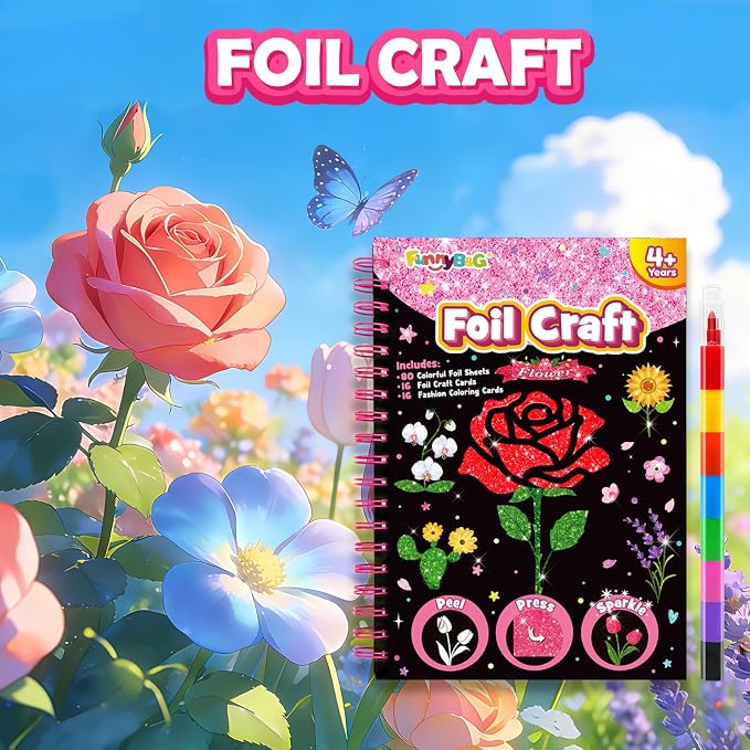 FUNNYB&G Foil Art Craft Kit for Kids, Sparkly Birthday Gift Toy for Girls | No Mess, Kids Ages 4-10 Create Sparkling Artwork, A Creative Gift for Birthdays, Holidays, Travel Activities,Screen-Free Fun