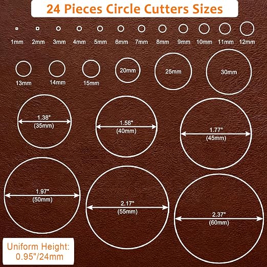 24 Pieces Leather Circle Cutter Tool Set, Hole Punch Tools with 1-15mm 20 25 30 35 40 45 50 55 60mm, High Carbon Steel Round Cutting Dies, Hole Punch Tool Kit for DIY Leather Crafts