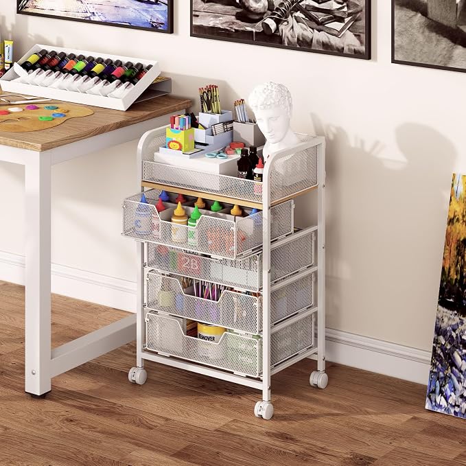 5-Tier Craft Organizer Cart with 5 Sets of DIY Dividers,Craft Organizers and Storage with Drawers,Lockable Wheels Rolling Utility Cart on Wheels,Art Supply Organizer,Ideal for Studio,Office,White