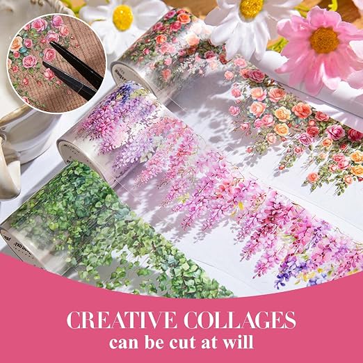 3 Rolls Floral Washi Tape Set, Colorful Rose Vine Scrapbook Tape Self-Adhesive Washi Tapes Vintage Flower Stickers for Journaling, PET Floral Tape Stickers for Scrapbooking Junk Journal Supplies