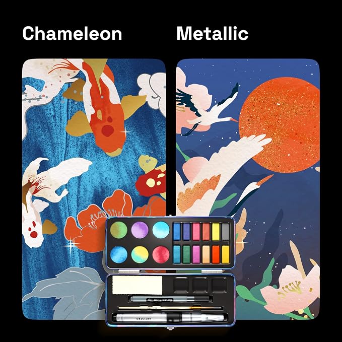 ARTISTRO Metallic Watercolor Paint Set with Palette & Brush Pens - 18 Color | Portable Paint Art Kit, Travel Water Color Set, For Adults, Professionals, & Kids, Art & Painting Supplies, Gift Idea