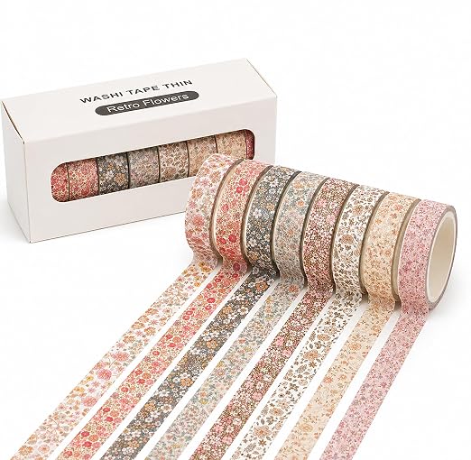8 Rolls Vintage Washi Tape Set Thin Retro Decorative Antique Patterns Masking Tapes for Arts, DIY Crafts, Journals, Planners, Scrapbook, Wrapping (Flowers)