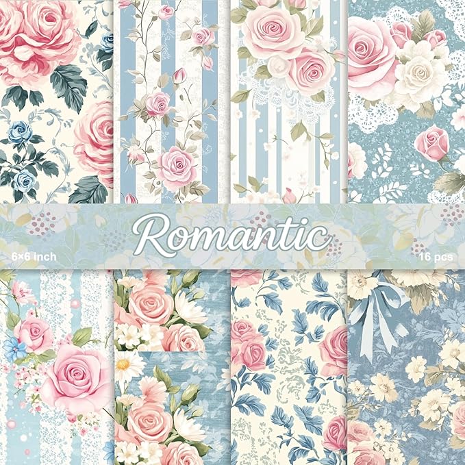 PRSTINCOL Scrapbook Paper,16 Sheets 6 x 6 Inch Romantic Style Scrapbook Supplies,Single-Sided Vivid Origami Decoupage Paper for DIY Crafts, Card Making, Art Journaling