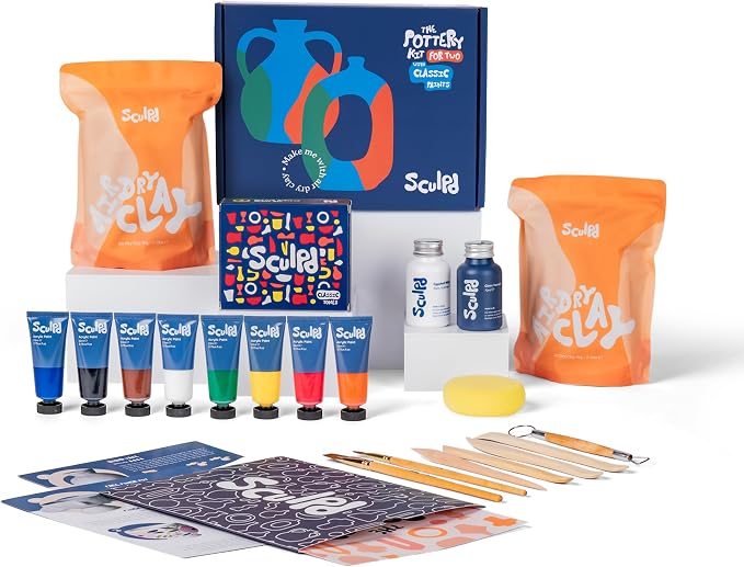 Sculpd Pottery Kit for Adults, Air Dry Clay with Tools, Classic Tones | The original couples date night arts & crafts set with paints, brushes and tools for adults