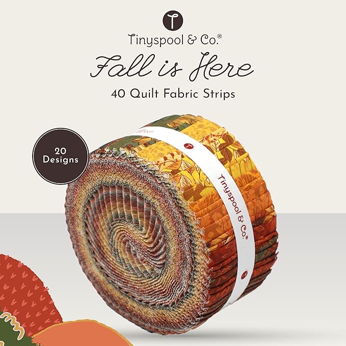 Tinyspool & Co.'s Twirlie Roll 40 Precut Quilting Fabric Strips for Quilting Supplies, Crafting, and Sewing, Soft Cotton Strip for Blanket, Rug, Upholstery, Home Decor, and Purse Making, Fall is Here