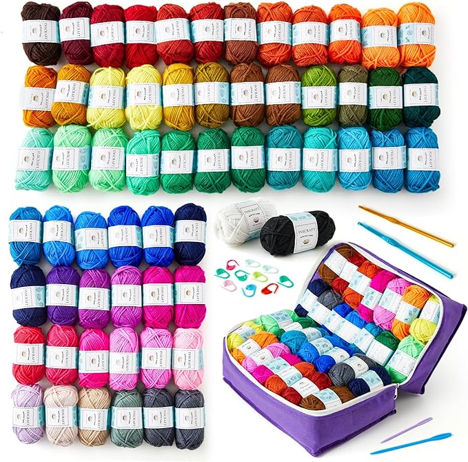 INSCRAFT 62 Acrylic Yarn Skeins, 2170 Yards Yarn for Knitting, 2 Crochet Hooks, 2 Weaving Needles,10 Stitch Markers, 1 Purple Bag, Perfect Crochet Beginner Kit for for Adults