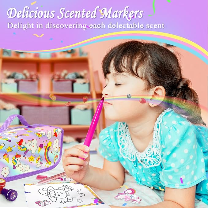56 PCS Washable Scented Markers Coloring Kits with Glitter Pencil Case