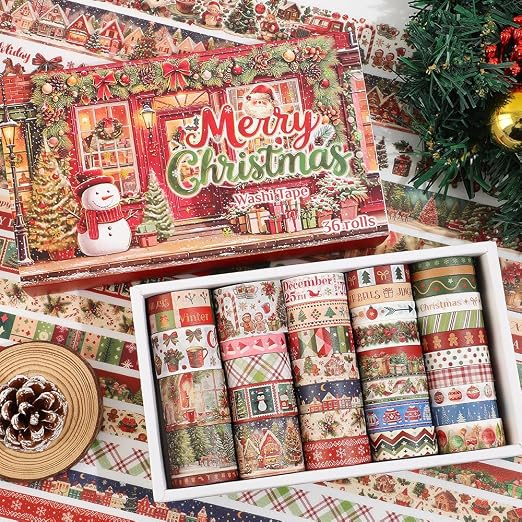 icceemee 36 Rolls Christmas Washi Tape Set, Festive Holiday Decorative Masking Tape, Xmas Planner Scrapbook Journal DIY Craft Gift Wrapping Supplies