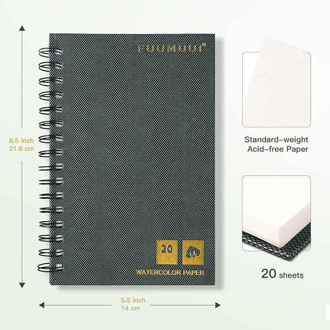 Fuumuui Watercolor Sketchbook, 100% Cotton Paper for Painting, Drawing, Art Journaling, Professional Artist Quality, Spiral Bound 5.5 * 8.5 inch 20 Sheets, 140lb/300g