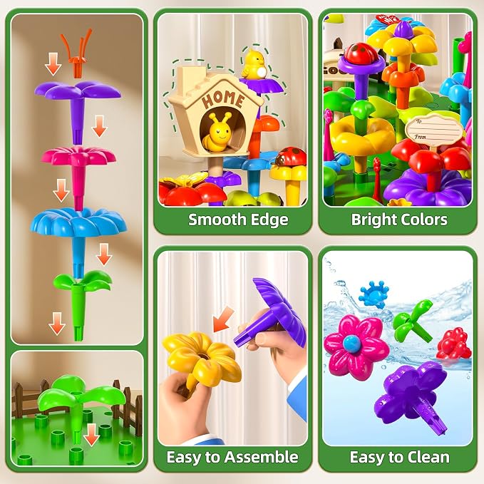 112 Pcs Flower Garden Toy, Toddler Girl Toys 3-4 Years Old Girls Gardening Building Gifts Set Best Educational Learning Fine DIY Crafts Stem Construction Stacking Kit for 3 4 5 6 7 Year Kids Birthday