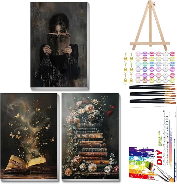 Mandun Book Paint by Numbers Kit for Adults, 3 Pack, 7.8x11.8 inch | DIY Painting Kits Crafts for Adults, Relieve Stress, Frame Canvas, Wooden Easel, Gift Box, Home Wall Decor