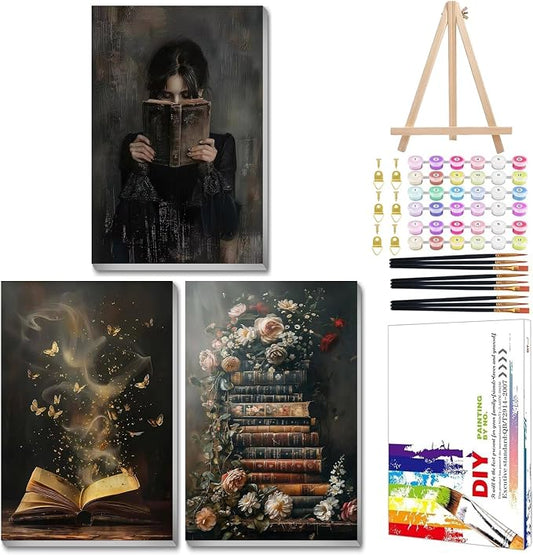Mandun Book Paint by Numbers Kit for Adults, 3 Pack, 7.8x11.8 inch | DIY Painting Kits Crafts for Adults, Relieve Stress, Frame Canvas, Wooden Easel, Gift Box, Home Wall Decor
