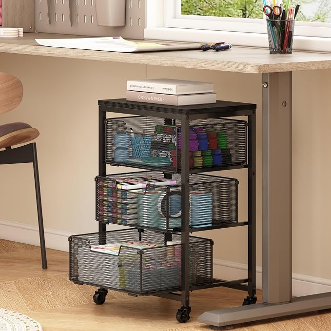 Under Desk Storage Cart with Lockable Wheels, 3-Drawer Rolling Storage Cart, Metal Utility Cart with Drawers for Art, Cart, Classroom, Office, Kitchen, Bedroom, Dorm Storage Under Bed