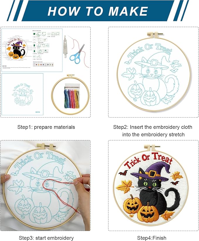 Zhenqing Halloween Black Cat Embroidery Kit for Beginners, Trick or Treat Witch Cat Needlework Kit with Pre-Printed Cotton Fabric, Hoop, Threads & Tools, Spooky DIY Decor (C0118)