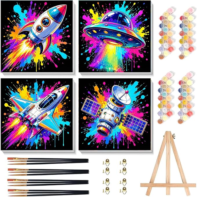 Arttoplus 4 Pack Paint by Numbers Kit for Kids with Frame Spaceship 8x8in | Cool Spaceship Kids Paint by Numbers Ages 4-8-12 with Wooden Easel, Outer Space Easy Painting by number for Gift Home Decor