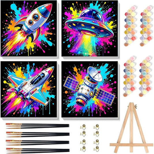 Arttoplus 4 Pack Paint by Numbers Kit for Kids with Frame Spaceship 8x8in | Cool Spaceship Kids Paint by Numbers Ages 4-8-12 with Wooden Easel, Outer Space Easy Painting by number for Gift Home Decor