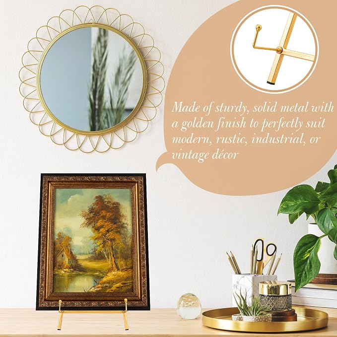 Leinuosen 2 Pcs Metal Easel Stand 16.5" H x 8.7" W x 4.3" D Table Top Easel Stand for Display Tripod Art Picture Mirror Modern Plate Holder for Display Book Photo Wedding Sign (Gold)