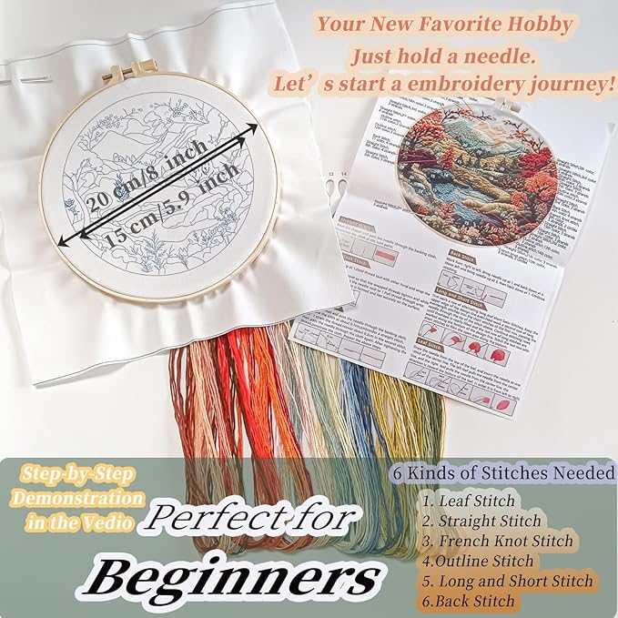 FONNUY Embroidery Kit for Beginners, Boho Nature Landscape Pre-Stamped Pattern Kits for Adults with Hoop, Easy to Follow Color Thread Needlework, 8'' Hoop (Flowers Hills)